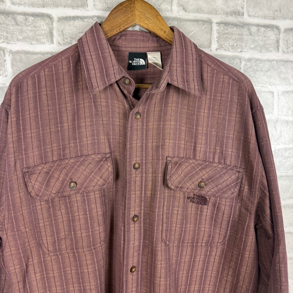 The North Face Mens Long Sleeve Button Down Shirt Burgundy Striped Hiking MEDIUM
